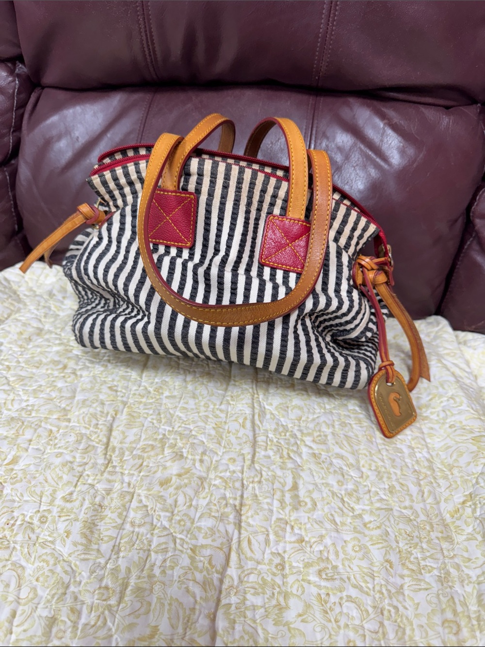 Striped Canvas Tote with Tan Leather Trim and Red Accents